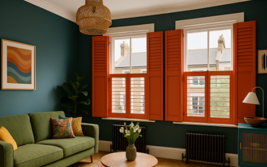 Contemporary living room with teal-painted walls, olive-green sofa, twin sash windows fitted with vibrant orange eco-friendly solid-panel plantation shutters, rattan pendant light, and oak coffee table with vase of flowers.