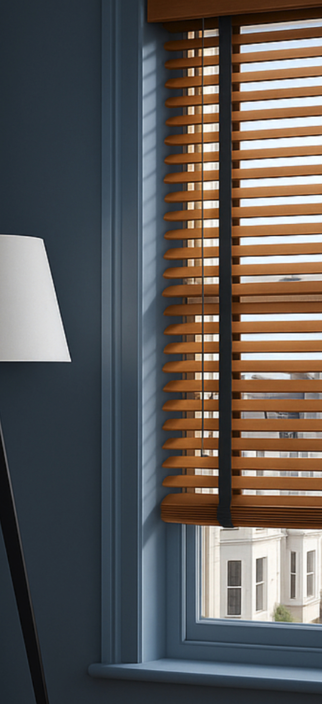 Close-up of a blue-painted window with honey-toned wooden Venetian blinds, showing the slats and black lift tapes alongside a white-shaded black tripod floor lamp. 