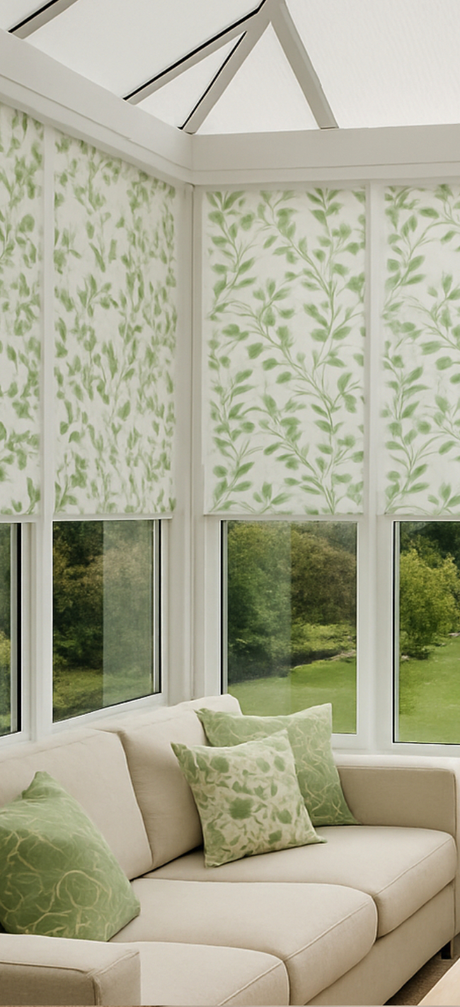 Sunlit conservatory with white-framed glazing and green leafy-patterned roller blinds, cream sofa adorned with matching green botanical cushions, overlooking a lush garden.