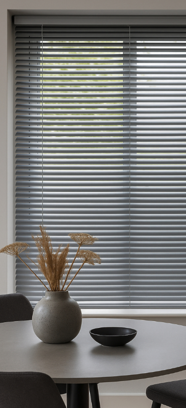 Modern dining nook featuring light grey metal Venetian blinds over a window, round grey tabletop with a stone-textured vase of dried grasses and a black ceramic bowl.