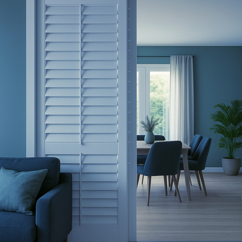 Minimalist nursery window with white tier-on-tier plantation shutters, white dresser holding a stone-textured table lamp and wooden rainbow toy, bathed in soft blue ambient light.