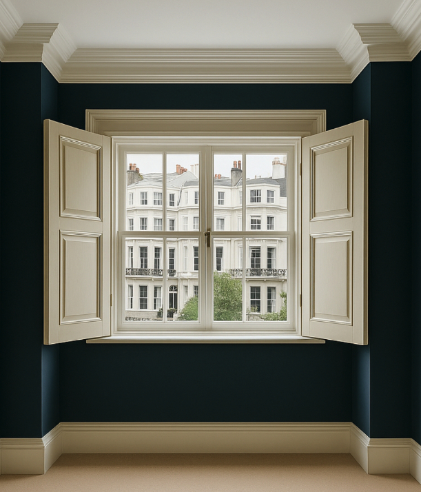 Bay window in a deep teal–walled room fitted with cream solid-panel plantation shutters, ornate crown moulding above, beige carpet below, and a view of white Victorian terraces outside.