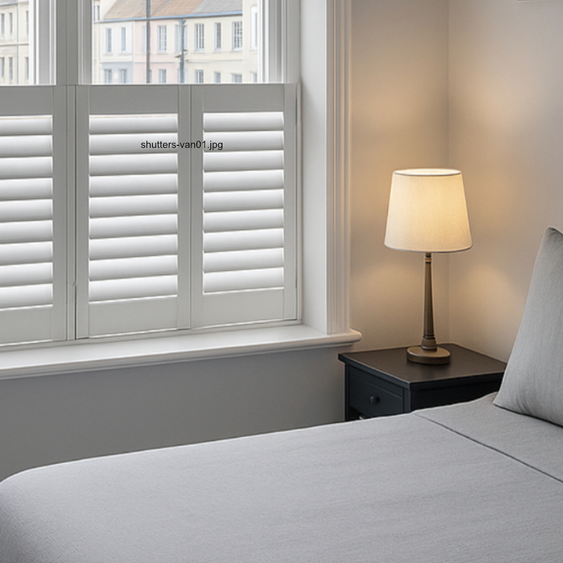 Minimalist bedroom with white tier-on-tier plantation shutters on a double sash window, grey bedding, black bedside table with turned-leg lamp, and soft ambient lighting.