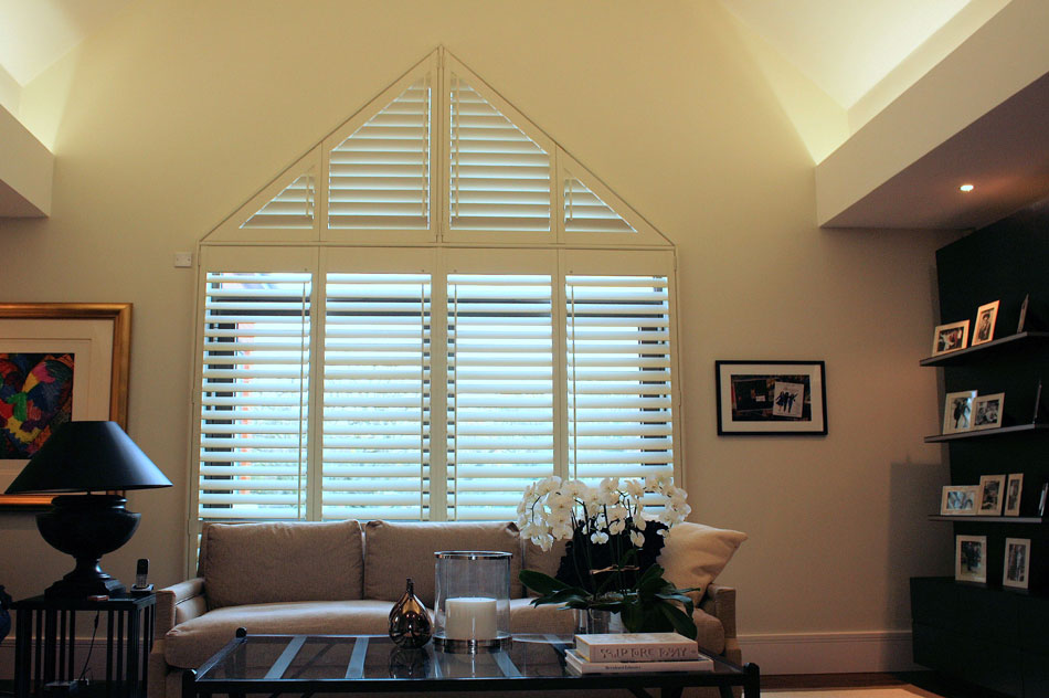 Special Shape Wooden Shutters in Silk White with Off Set Tilt Rod